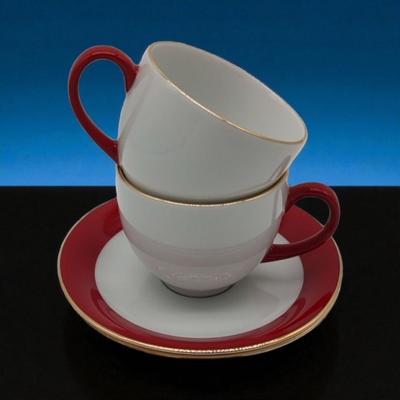Service for Two 4 Piece Ten Strawberry Street Red Gold Cup Saucer Dish Gift Set - Picture 1 of 11
